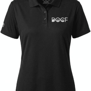 Women's black polo shirt with DOGF logo