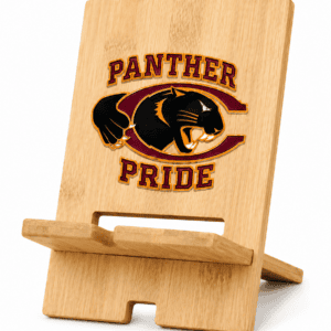 Wooden phone stand with Panther Pride logo