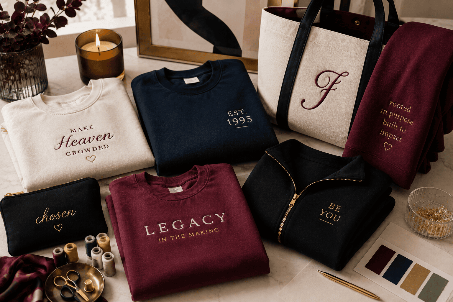 Folded inspirational sweatshirts and tote display