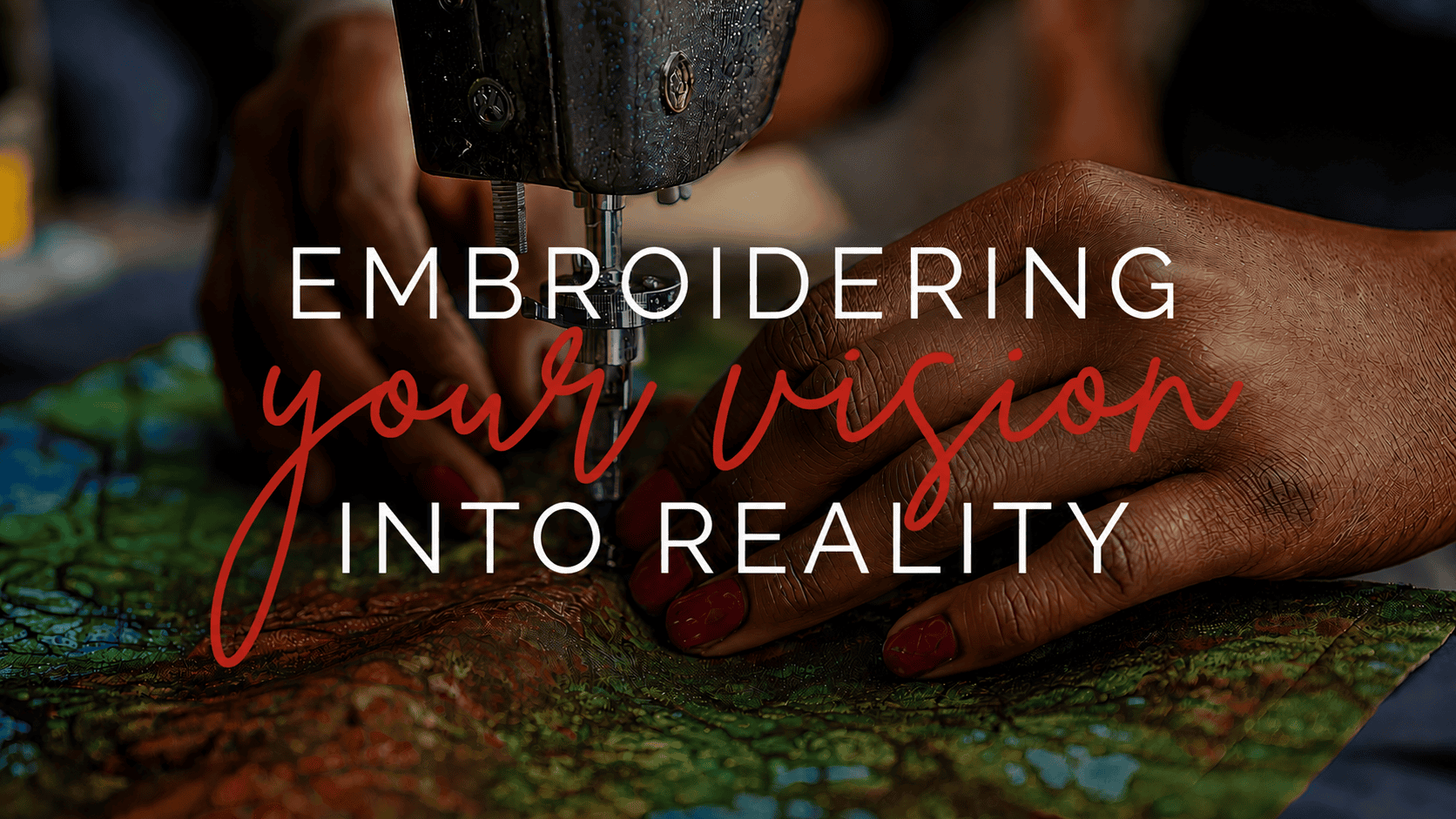 Close-up of hands embroidering colorful fabric