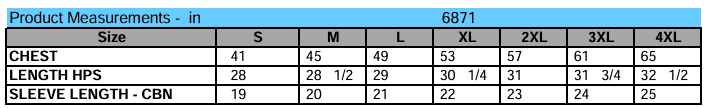 T-shirt size chart with chest and sleeve measurements