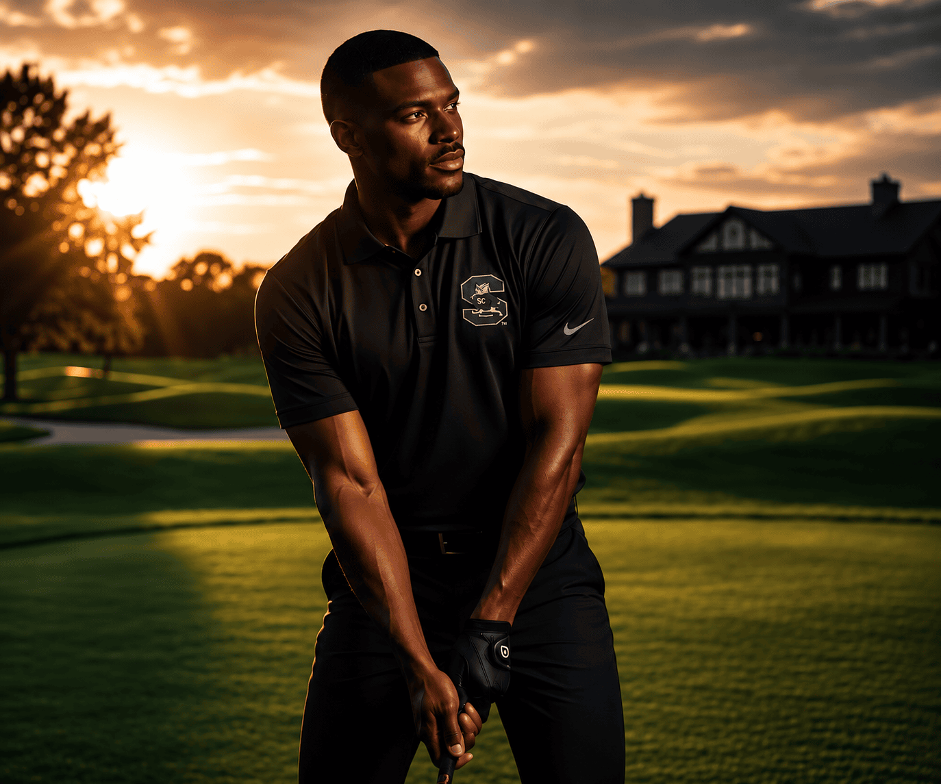 Golfer preparing swing on golf course at sunset