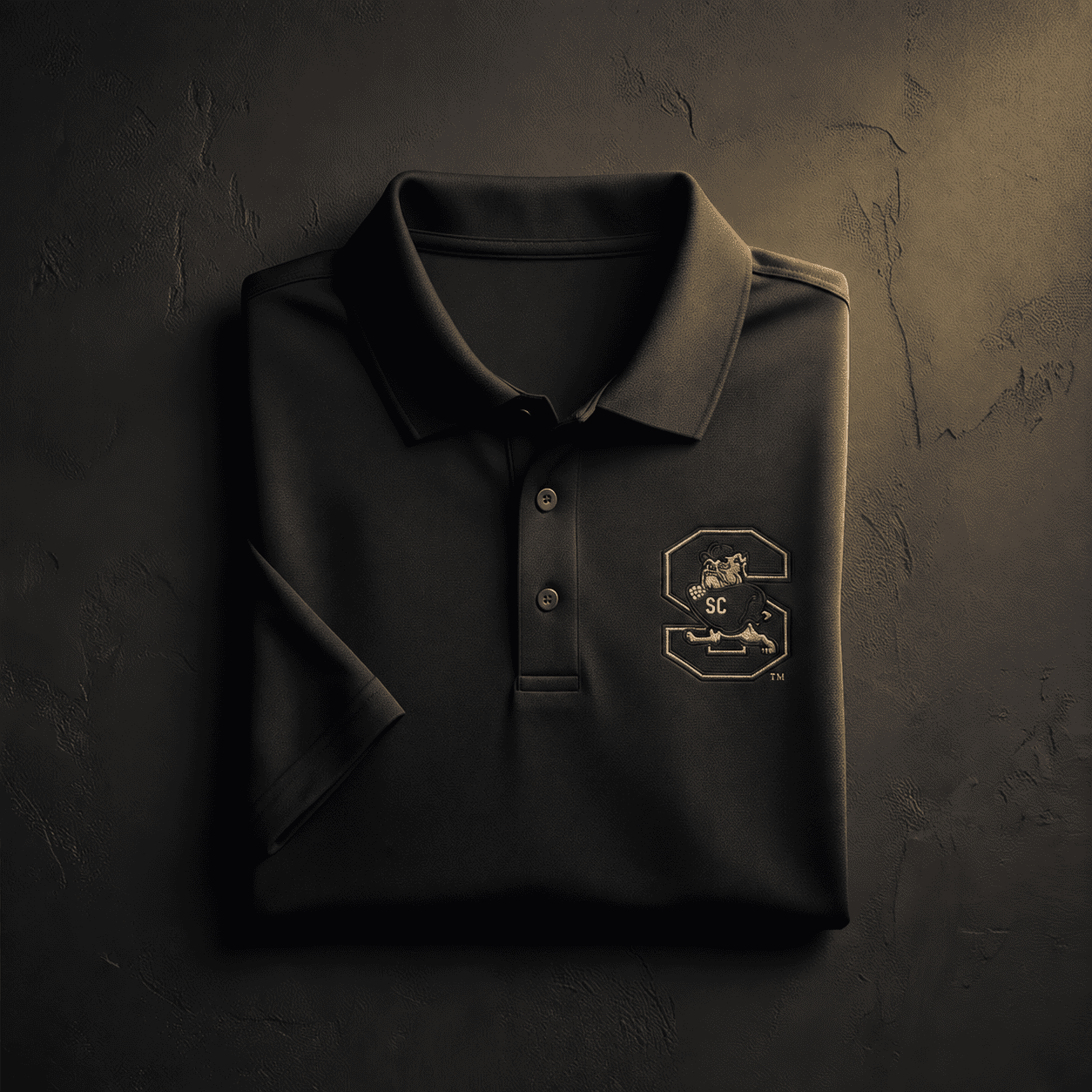 Folded black polo shirt with SC embroidered emblem