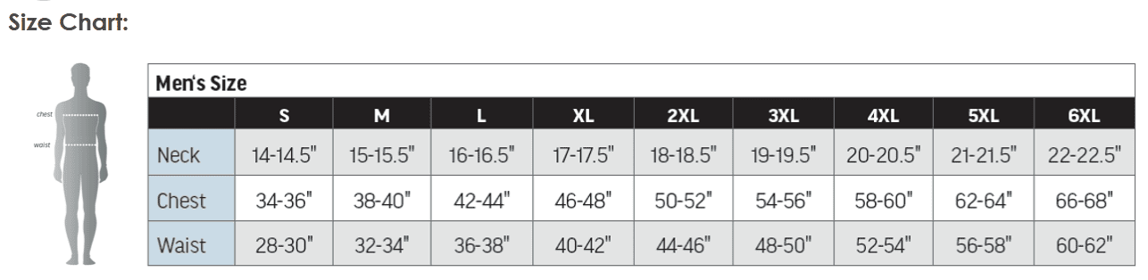 Men's size chart: neck, chest, waist measurements
